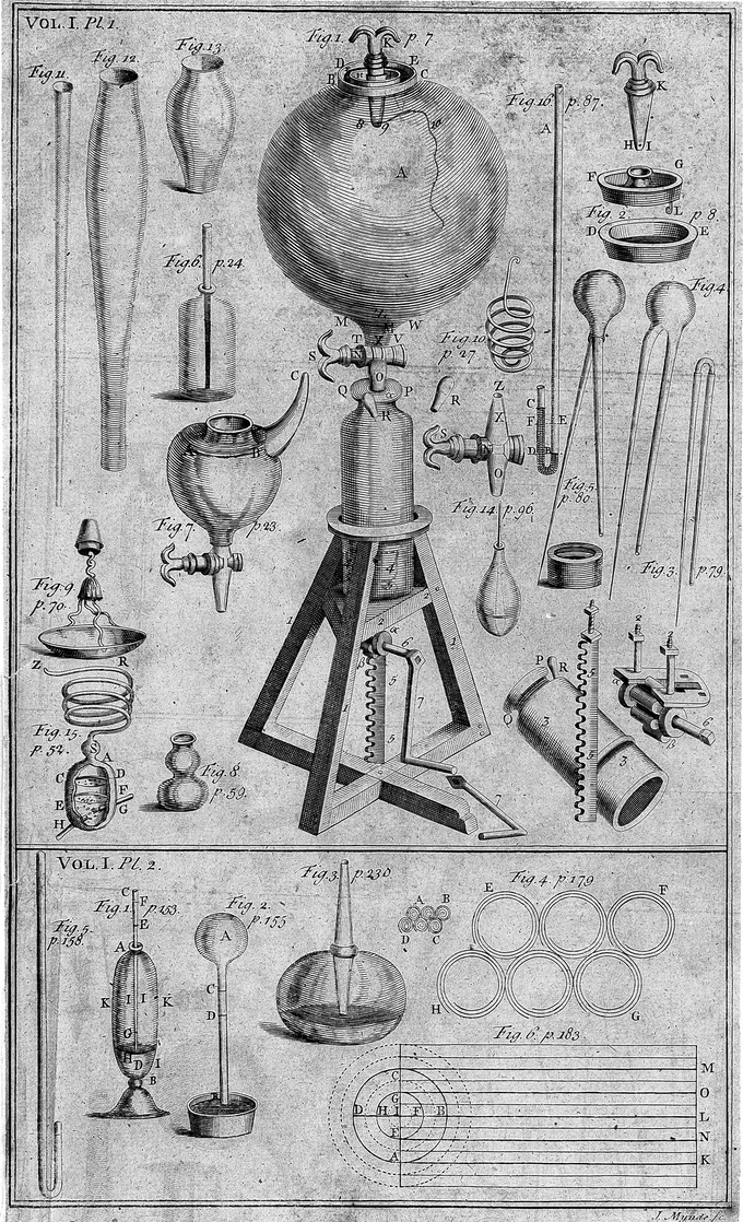 Historical engraved plate showing Robert Boyle's first air pump and its components