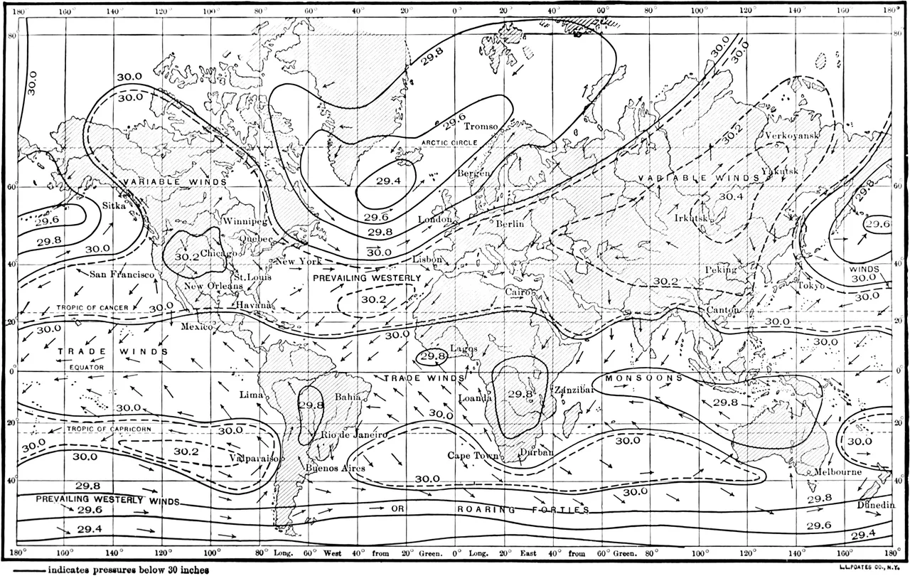 World map overlaid with atmospheric pressure contours and prevailing wind directions
