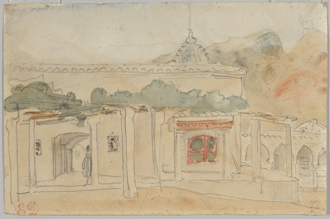 A faint watercolor and pencil study of a solitary figure standing in an arched doorway